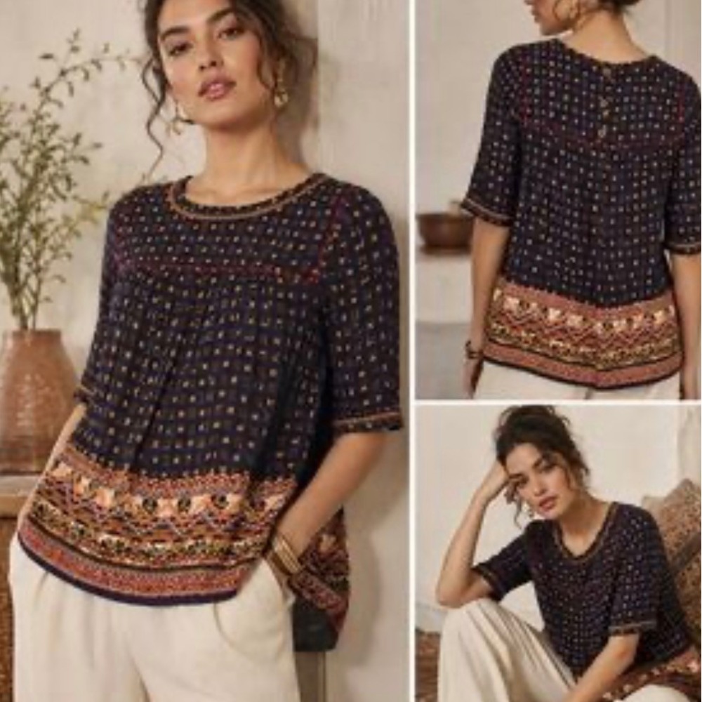 Holding Horses Embroidered Geometric Blouse Navy Blue Womens 12P Boho Eclectic